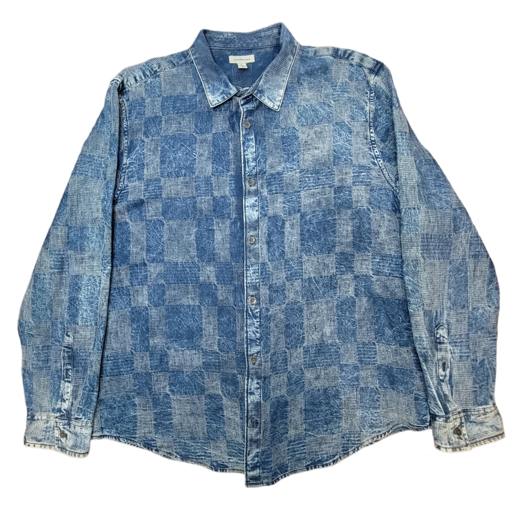 Calvin Klein Jeans Shirt Mens XL Blue Denim Button Front Checkerboard Pattern
